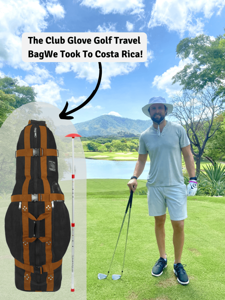 club glove last bag pro - best golf travel bags for luxury golf travel- Man with golf bag in costa rica with water behind him