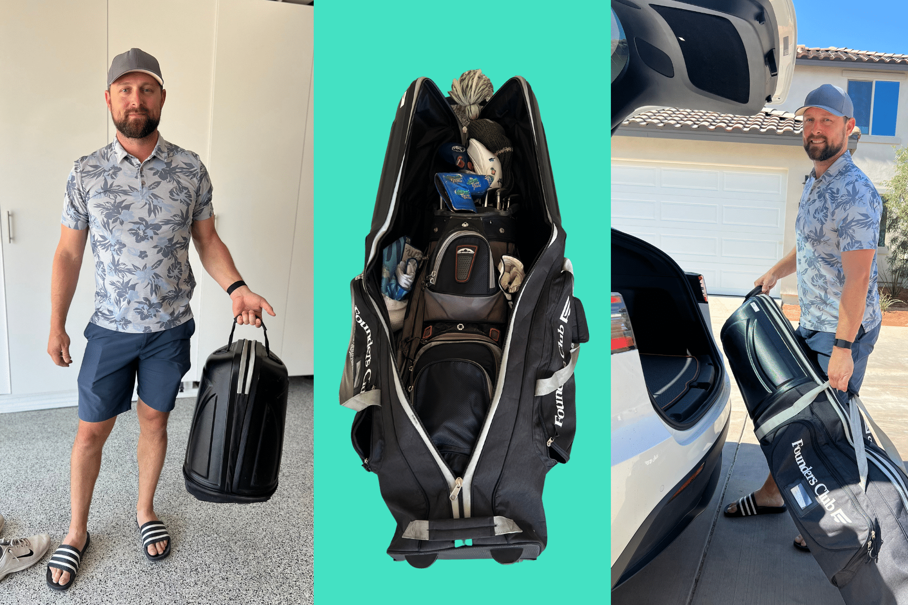 images show man holding folded up Founders Club Golf Bag, 2nd image shows golf equipment placed inside the best golf travel bag bag, last image shows man putting his golf travel bag into the back of a tesla.png