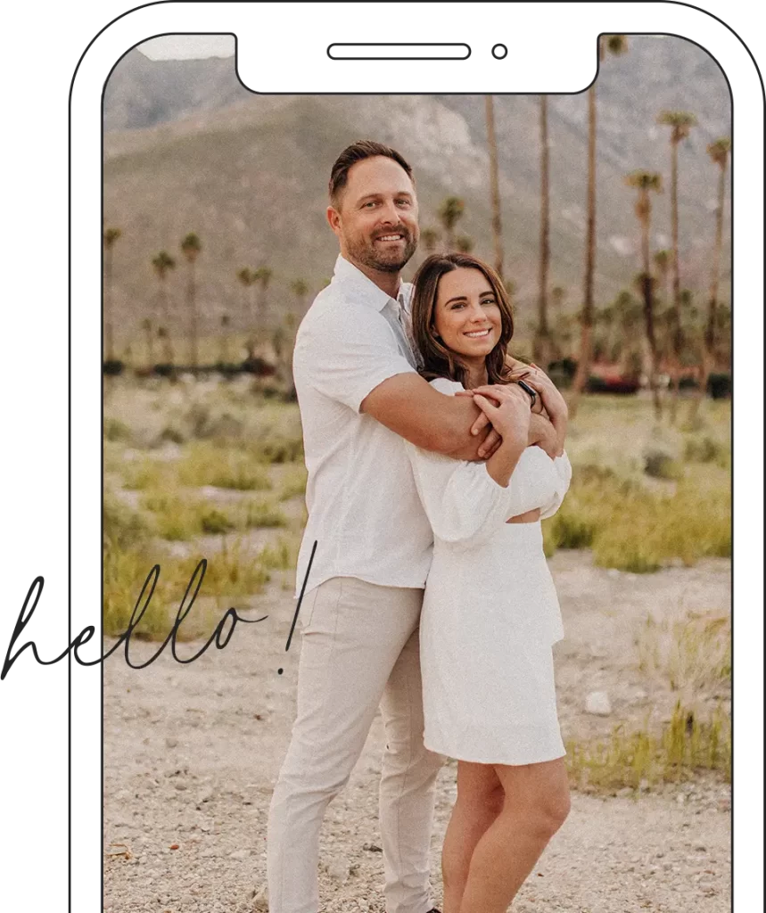 Michael and Jordyn in a phone mockup with the word "Hello!".